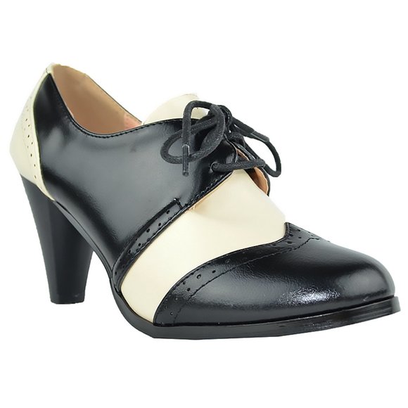 Chase & Chloe Women's Classic Lace Up Kitten Mid-Heel Round Toe Oxfords - Picture 2 of 5